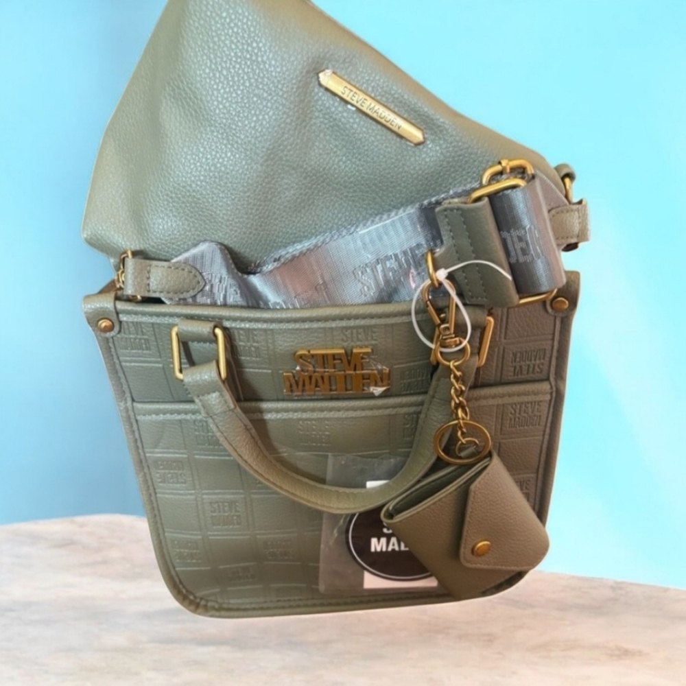 STEVE MADDEN NWT 4fer Olive Green Satchel & Crossbody Tote +2 Pouches & Wallet